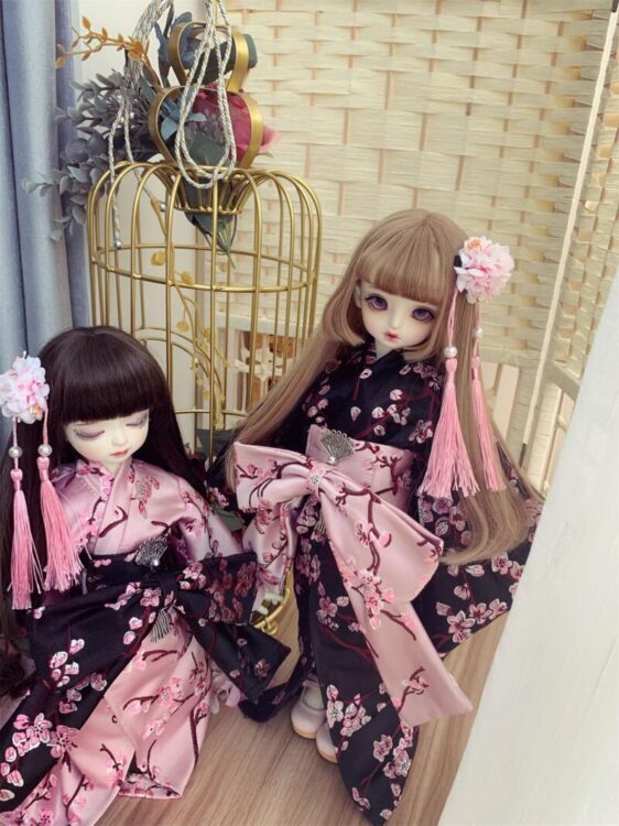 BJD kimono yukata pink/black with hair band