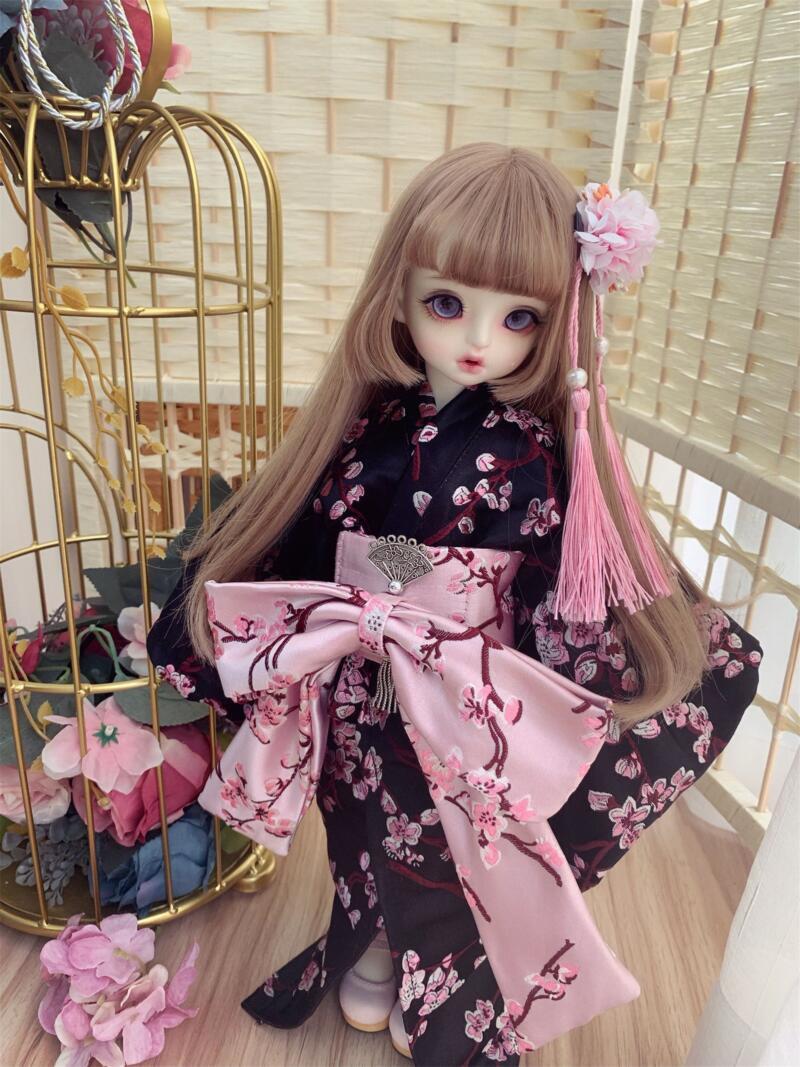 BJD kimono yukata pink/black with hair band