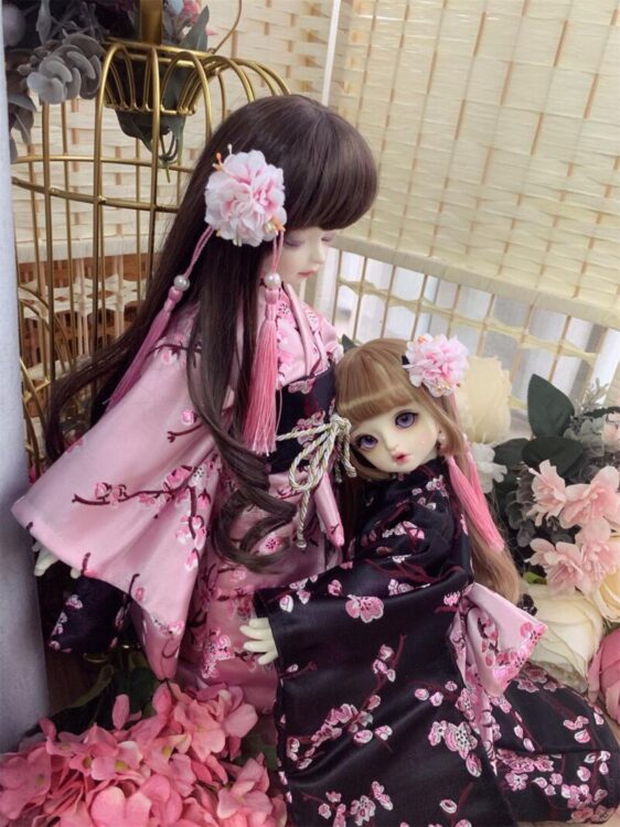 BJD kimono yukata pink/black with hair band