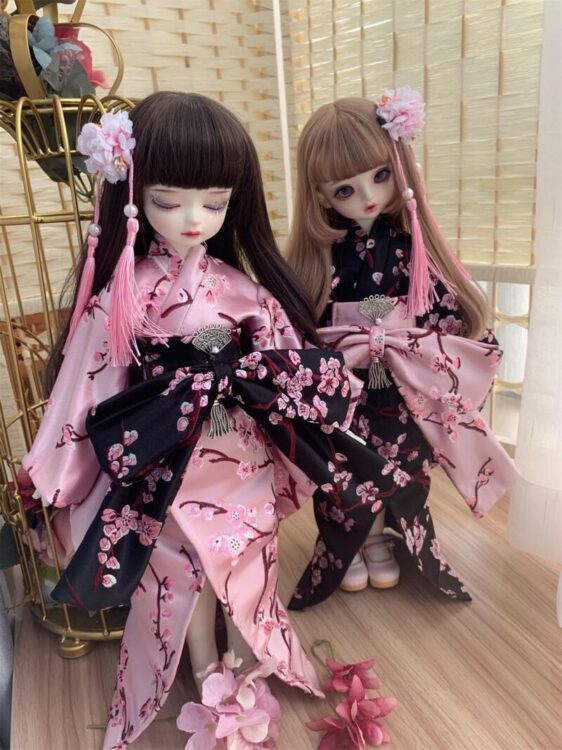 BJD kimono yukata pink/black with hair band