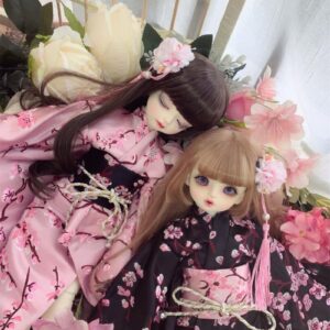 BJD kimono yukata pink/black with hair band