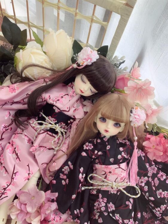 BJD kimono yukata pink/black with hair band