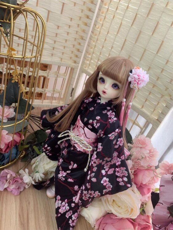 BJD kimono yukata pink/black with hair band