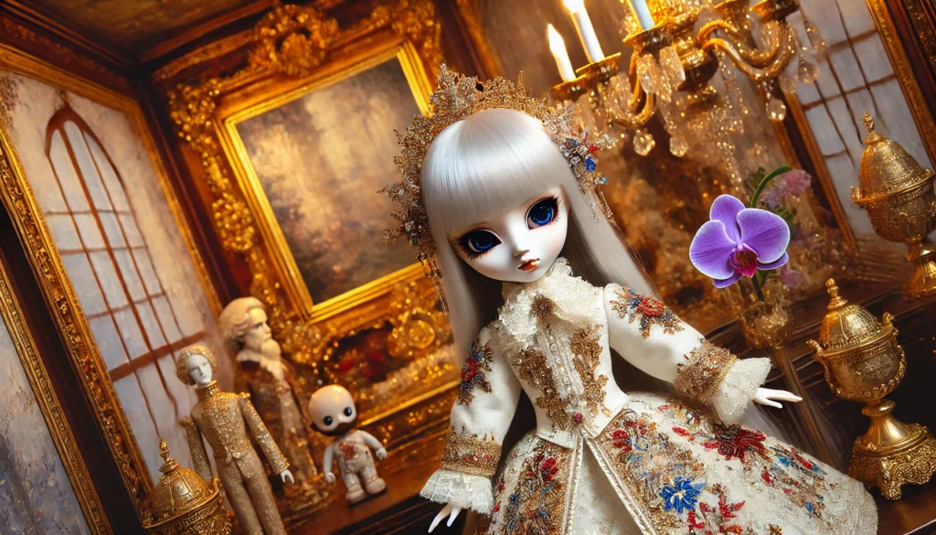 A Pullip doll in an elaborate limited-edition outfit, with intricate embroidery and luxurious fabrics, photographed in a lavish Victorian-style room w