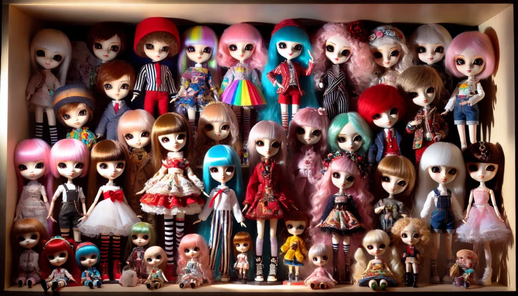 A collector’s shelf filled with Pullip dolls in various customized outfits, wigs, and poses, presented in a colorful and artistic arrangement, with br