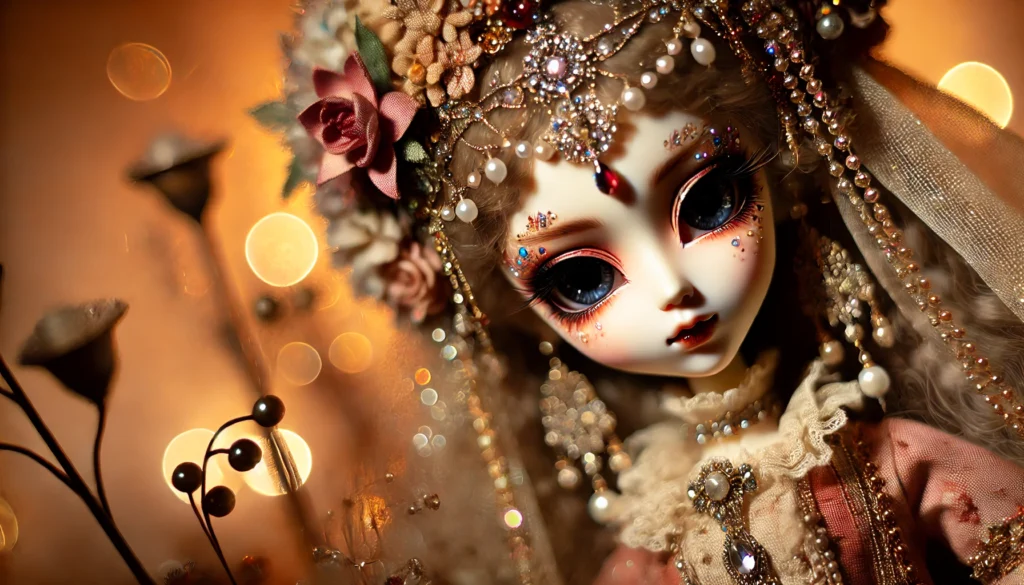 A highly detailed photograph of a Pullip doll with intricate makeup, expressive eyes, and luxurious accessories, set against a soft-focus artistic stu