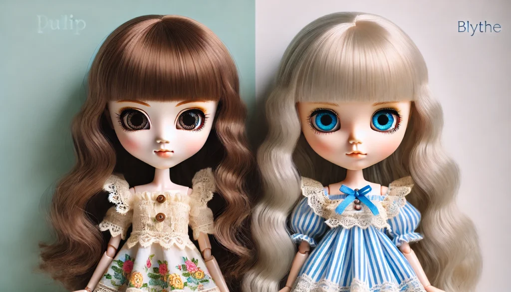 A side-by-side comparison of Pullip and Blythe dolls in a bright studio setting, showcasing their distinct designs, hairstyles, and customization feat