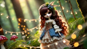 A whimsical outdoor scene featuring a Pullip doll in a fantasy outfit, standing in a forest with glowing fairy lights and soft natural lighting, blend