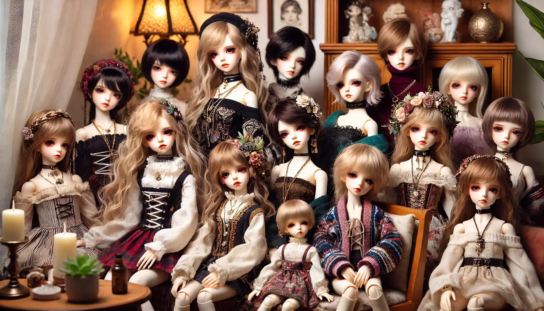 A_beautiful_and_vibrant_scene_featuring_a_collection_of_BJD_(Ball_Jointed_Dolls)_with_intricate_outfits_and_lifelike