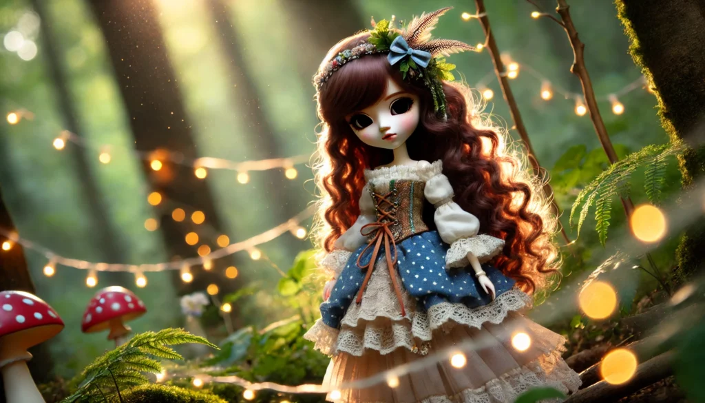 A whimsical outdoor scene featuring a Pullip doll in a fantasy outfit, standing in a forest with glowing fairy lights and soft natural lighting, blend